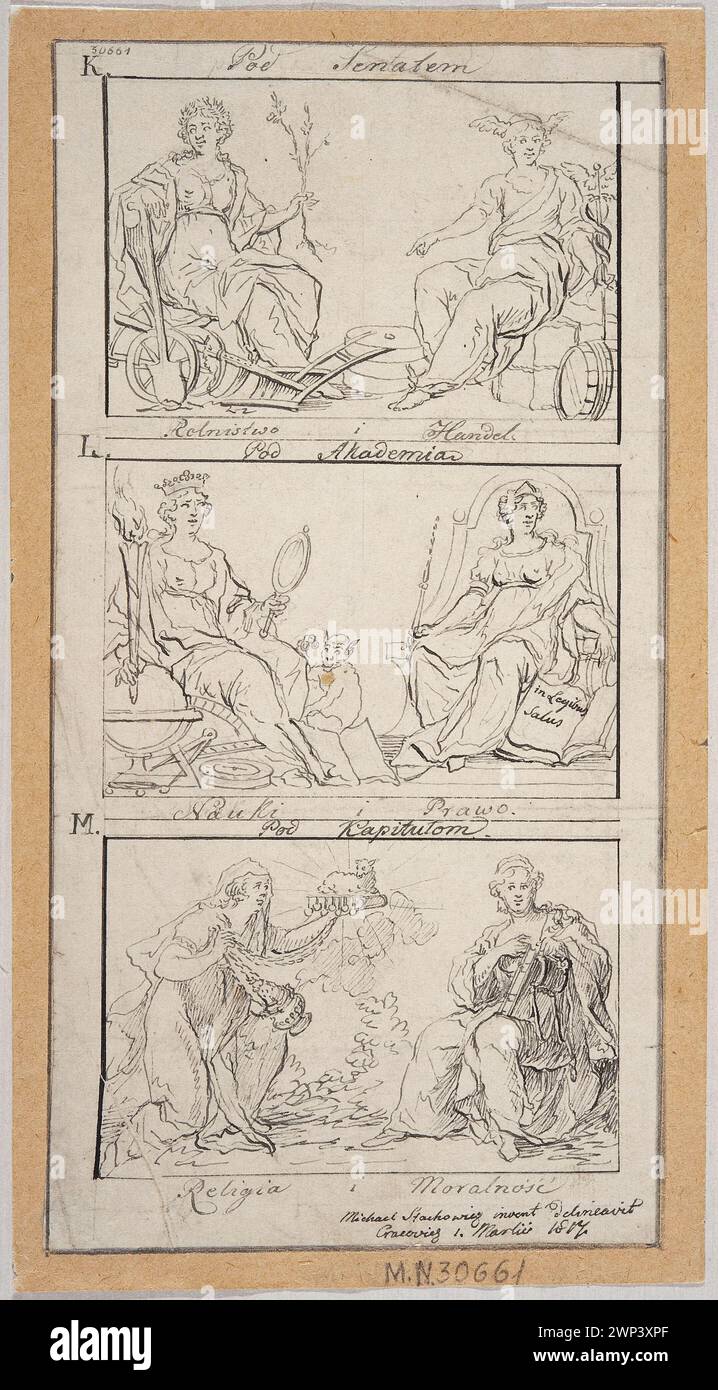 Allegorical compositions: agriculture and trade, science and law, religion and morality, SupPORT decoration projects to the Krakow Bishop's Pa Stachowicz, Micha (1768-1825); 1817 (1817-00-00-1817-00-00);Bersohn, Mathias (1823-1908), Bersohn, Mathias (1823-1908)-collections, trade (personification), morality (personification), science (personification), Biskupi Palace (Kraków), Law (Personification), religion (personification) , Agriculture (personification), Society for the Encouragement of Fine Arts (Warsaw - 1860-1940), Society for the Encouragement of Fine Arts (Warsaw - 1860-1940) - collec Stock Photo
