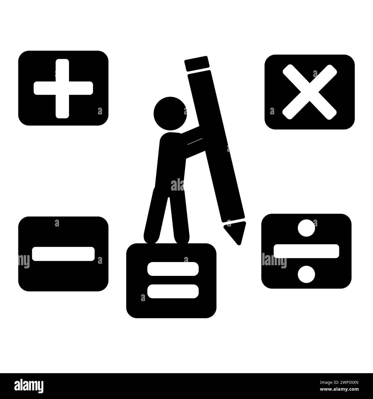 Silhouette of a man holding a pencil and the four basic operations: addition, subtraction, multiplication and division Stock Vector
