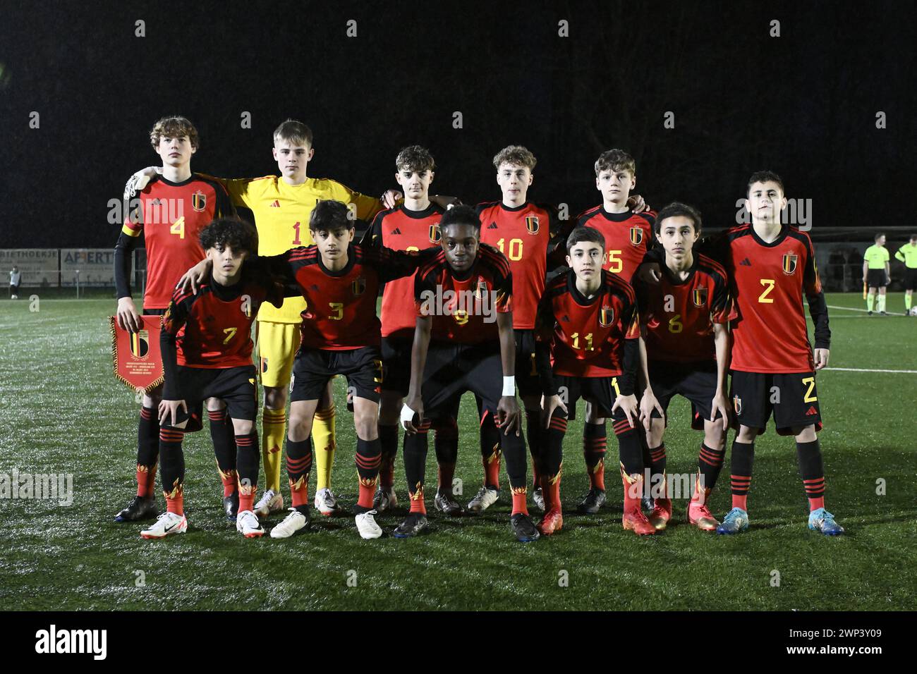 Bilzen, Belgium. 05th Mar, 2024. Players of Belgium pose for a team photo before a friendly soccer game between the national under 16 futures teams of Belgium, called the red devils, and The Netherlands, called oranje, on Tuesday 7 May 2023 in Bilzen, Belgium . Credit: sportpix/Alamy Live News Stock Photo