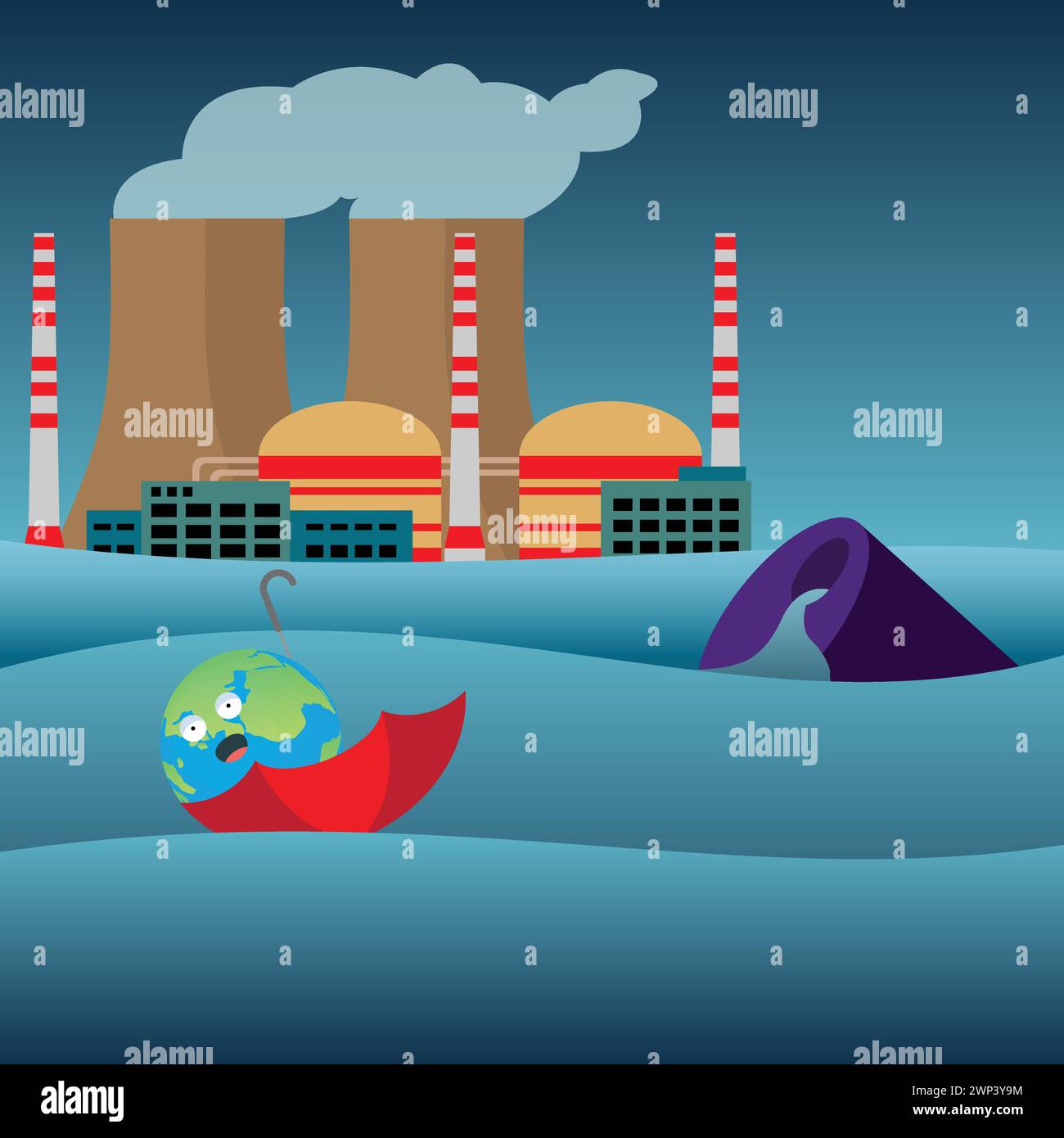 Earth globe floating on polluted water in a red umbrella Stock Vector