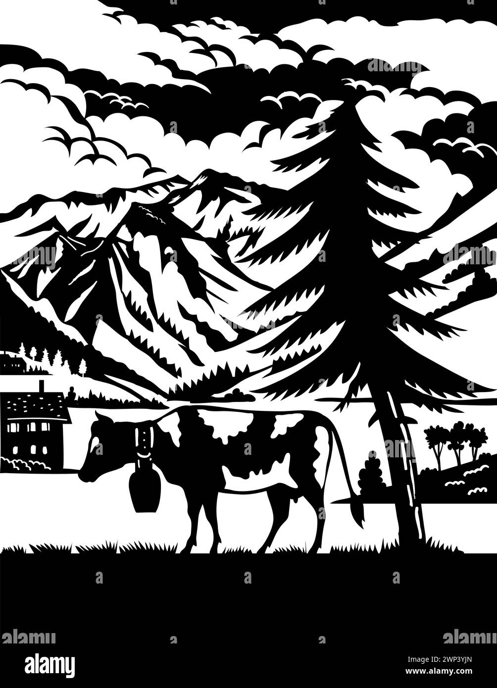 Swiss scherenschnitte or scissors cut illustration of silhouette of a cow in Elm Sernftal with Glarus peaks in Switzerland set inside circle done in p Stock Photo