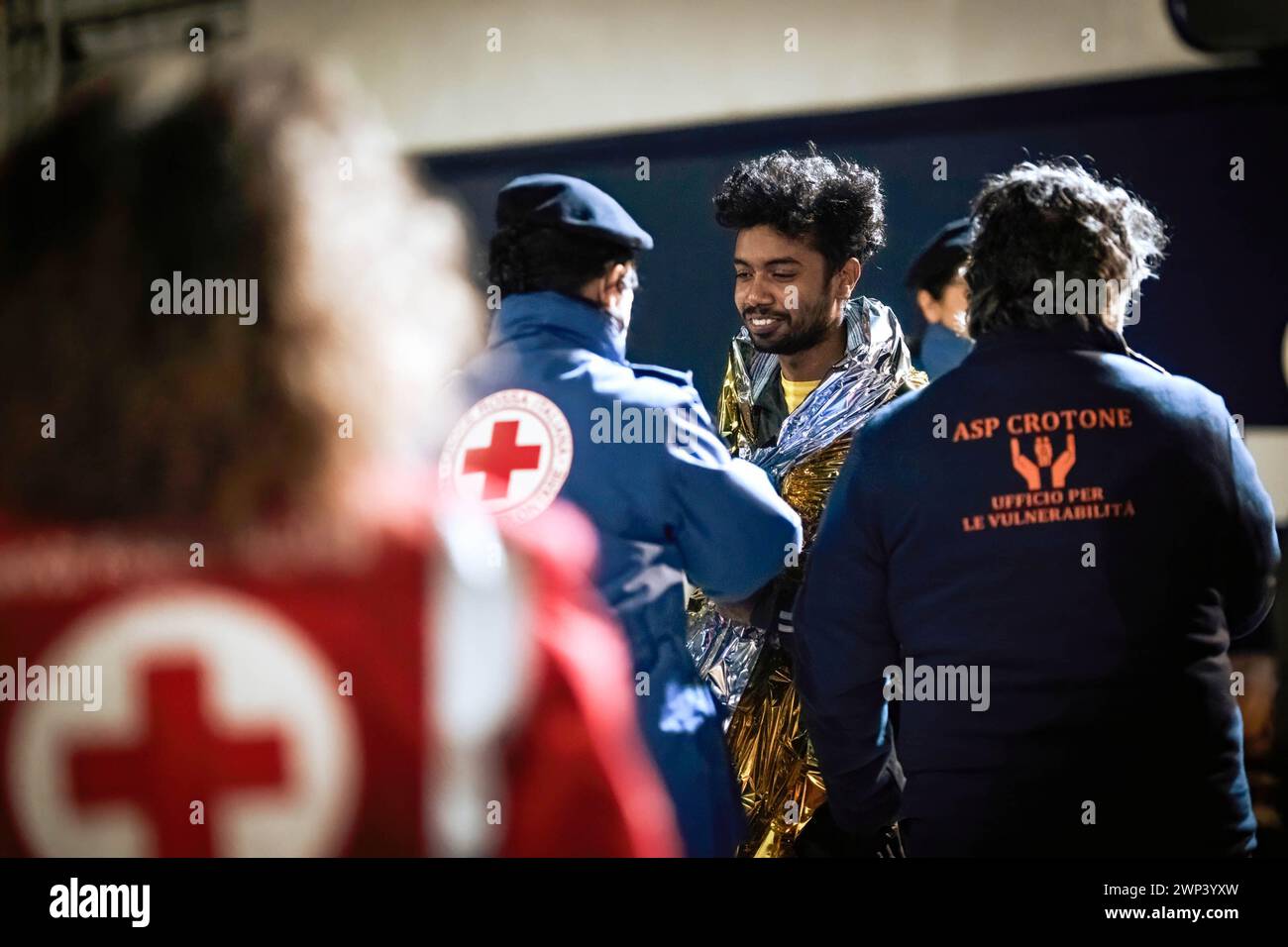 Crotone, Italy. 4th Mar, 2024. Members of the Red Cross seen with a ...