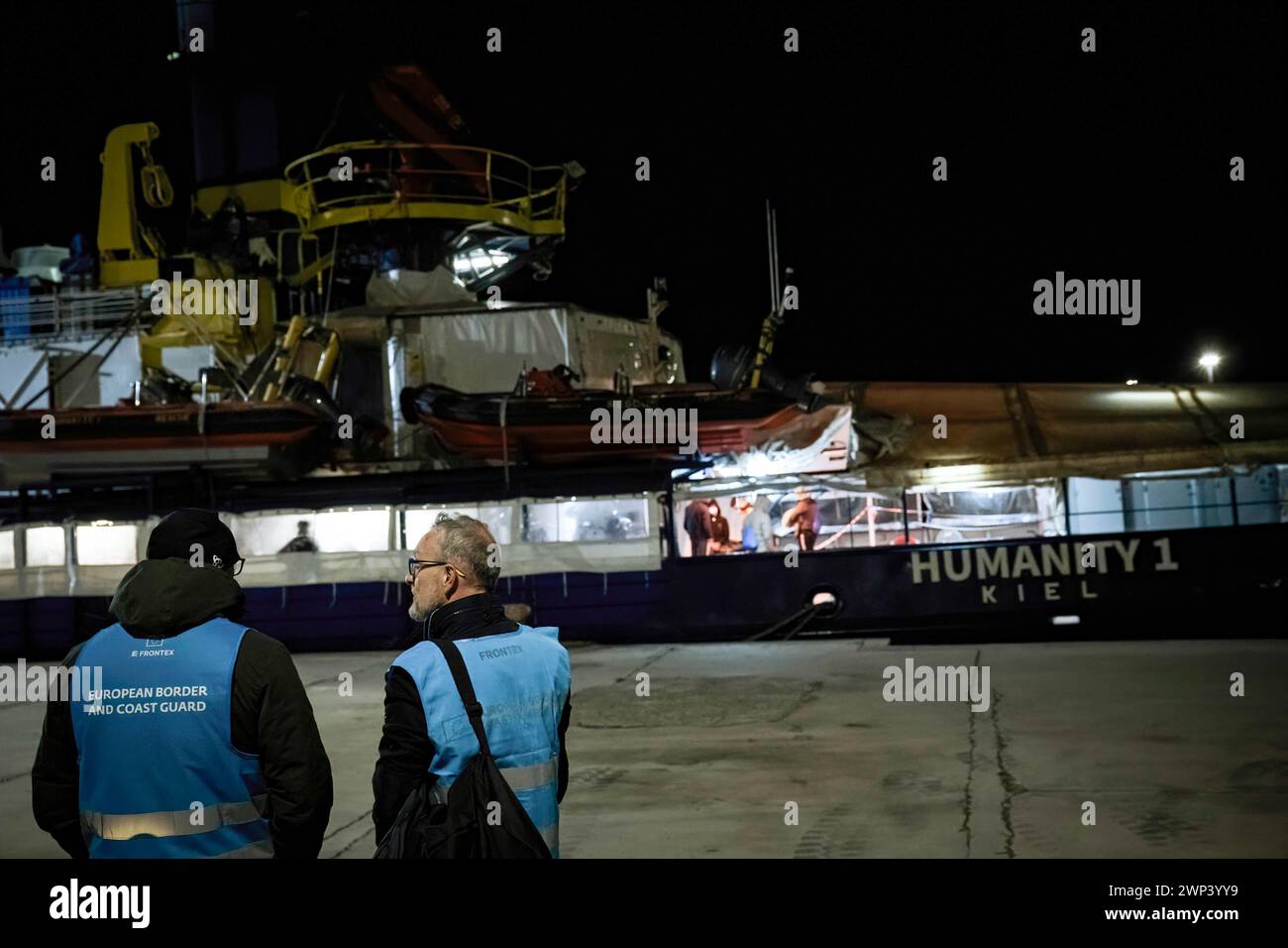 Crotone, Italy. 4th Mar, 2024. Frontex guards seen on the port. The ...
