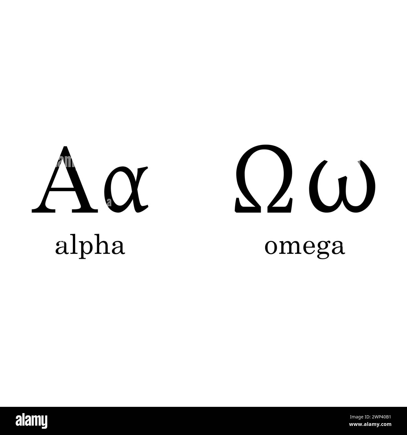 Black alpha. Black omega. Alpha and Omega. Greek alphabet. first and last letters. Vector illustration. stock image. EPS 10. Stock Vector