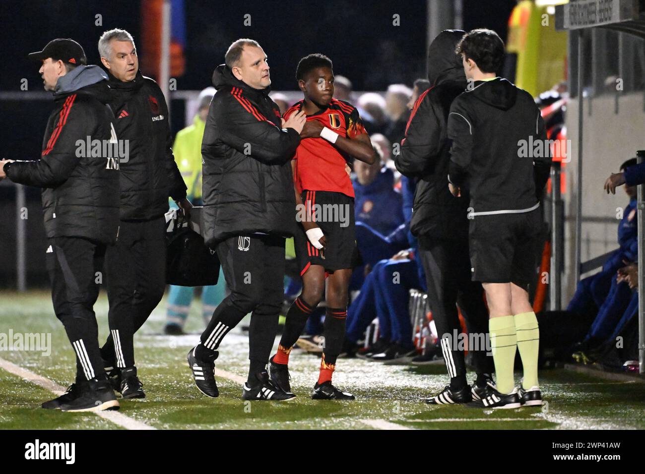 Bilzen, Belgium. 05th Mar, 2024. Susses Ogbeiwi of Belgium suffers an injury during a friendly soccer game between the national under 16 futures teams of Belgium, called the red devils, and The Netherlands, called oranje, on Tuesday 7 May 2023 in Bilzen, Belgium . Credit: sportpix/Alamy Live News Stock Photo