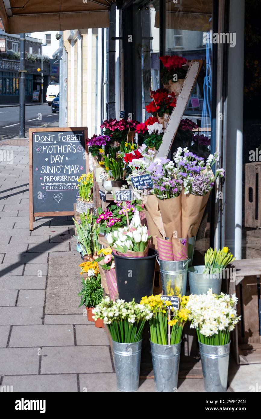 A display of cut flowers for sale outside a florists shop with a Sandwich board advertising Mothers Day or mothering Sunday is approaching in the UK Stock Photo
