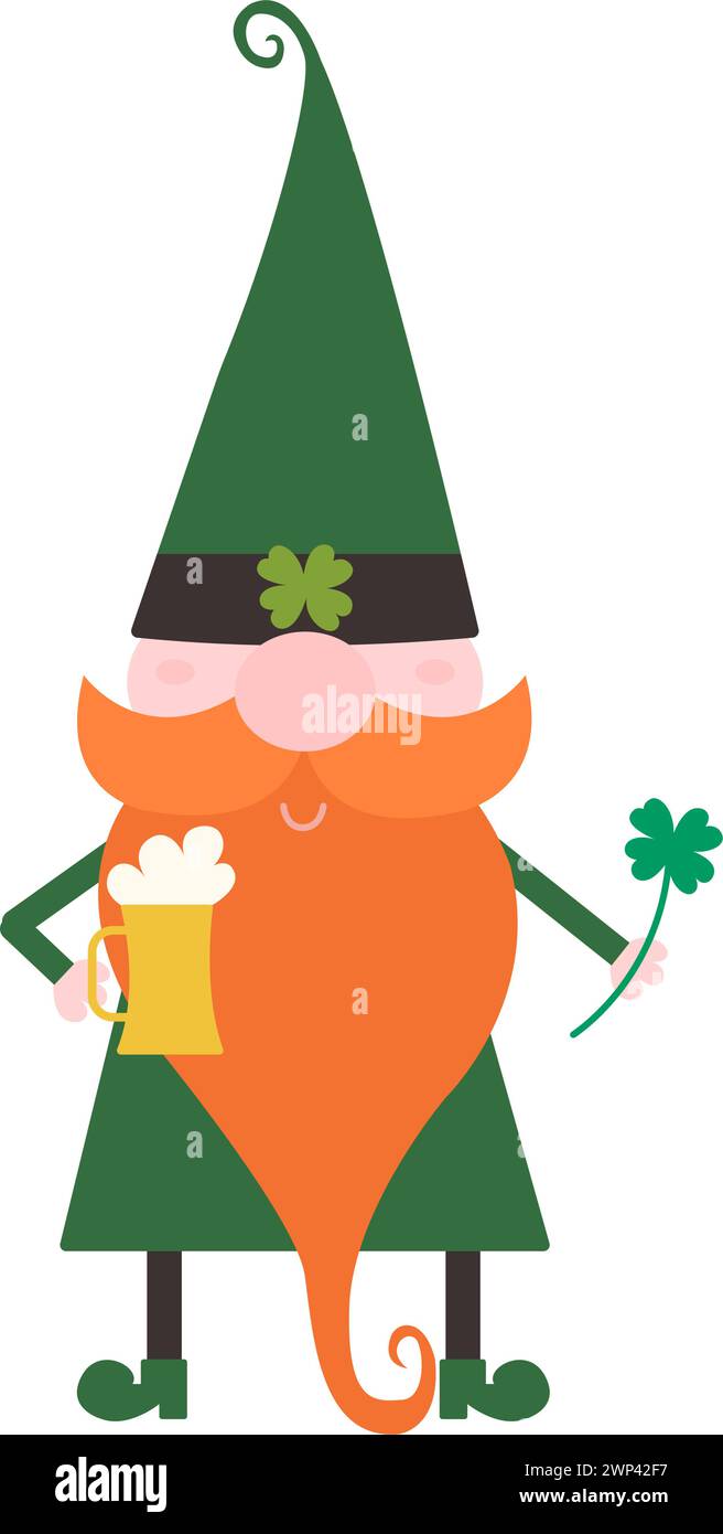 Gnome with red beard and mustache in green costume with beer and four-leaf clover in hands on Saint Patrick's day Stock Vector