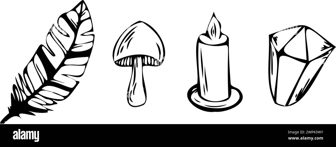 Mystic magic vector line elements. Contour minimalistic hand drawn doodle in black. mysterious feather, candle, crystal, mushroom. Outline set of Stock Vector