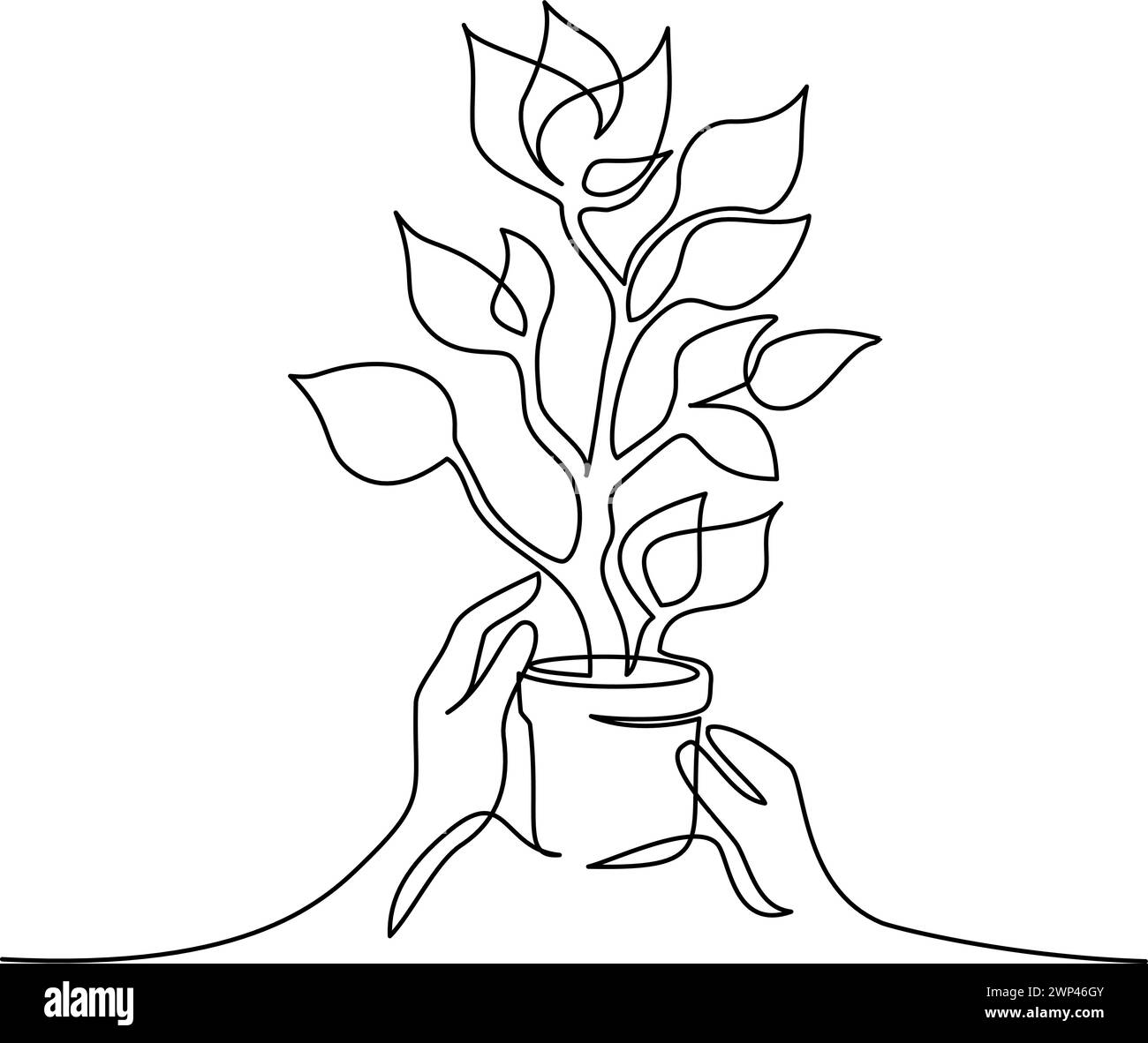 Human hands keep Plant tree in pot. Continuous one line drawing Stock