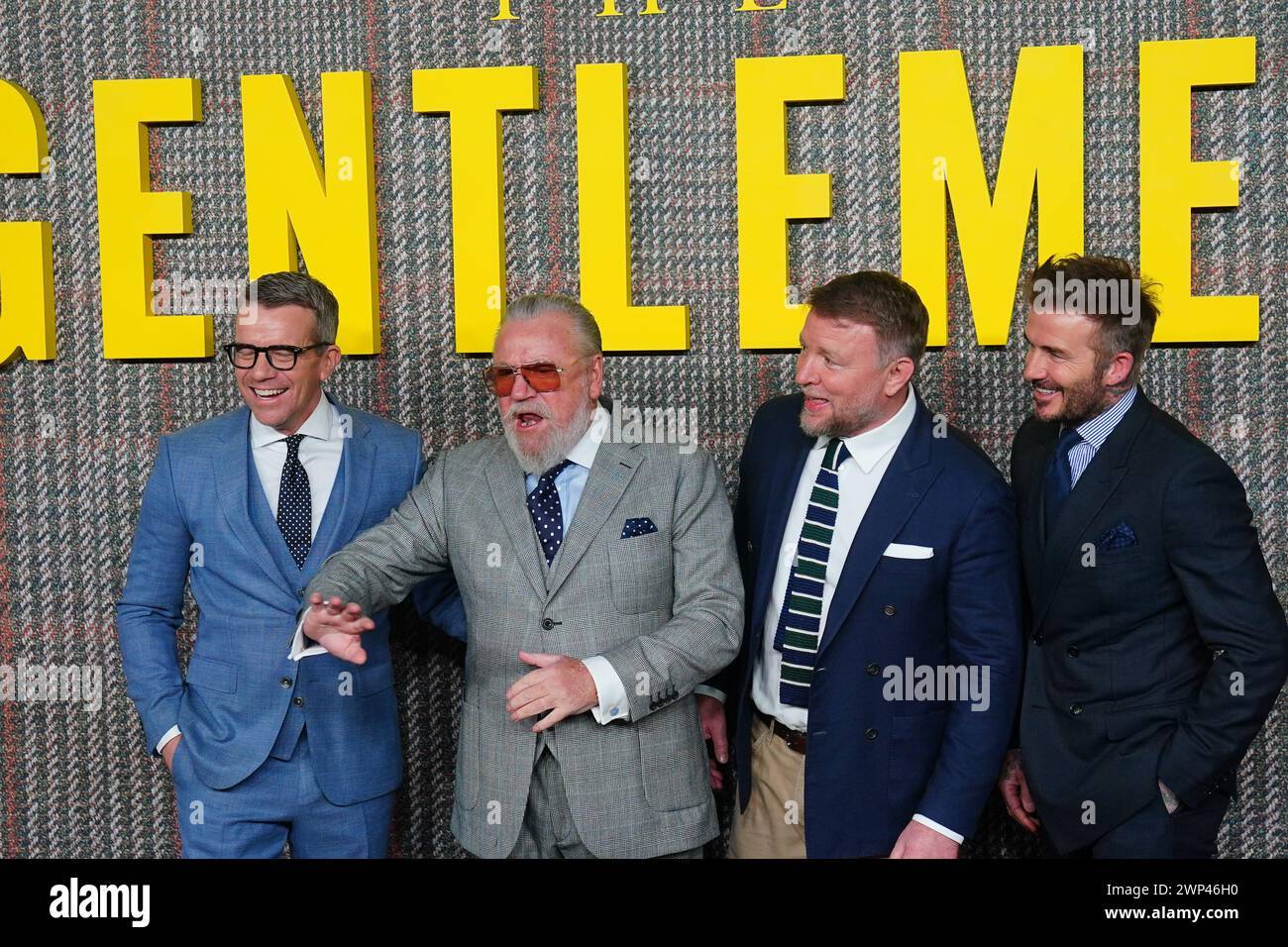 (left to right) Max Beesley, Ray Winstone, Guy Ritchie and David Beckham attending the premiere of Netflix series The Gentlemen at the Theatre Royal Drury Lane, London. Picture date: Tuesday March 5, 2024. Stock Photo