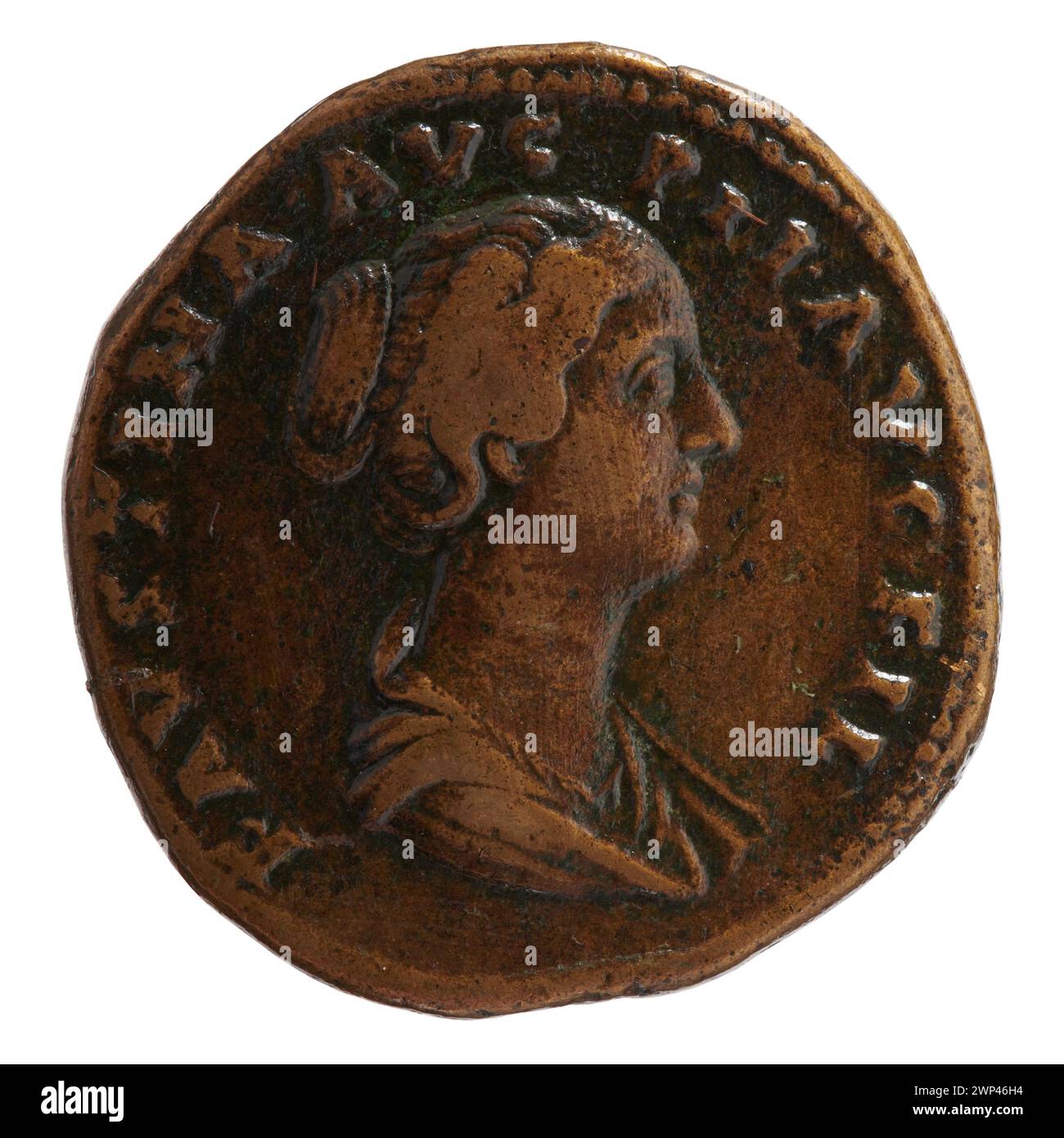 Roman Coin Inscriptions Letters Mse A Roman sesterce coin from 147-161 featuring Empress Faustina the ...