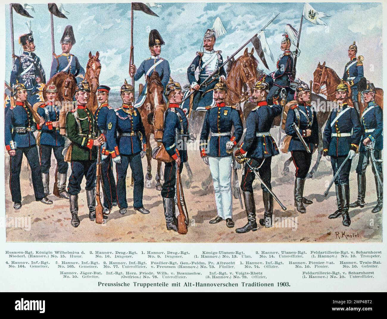 Prussian troop units with old Hanoverian traditions 1903, coloured uniform plate, Hussars, Infantry Regiment, Jaeger Battalion, Dragoons, Uhlans Stock Photo