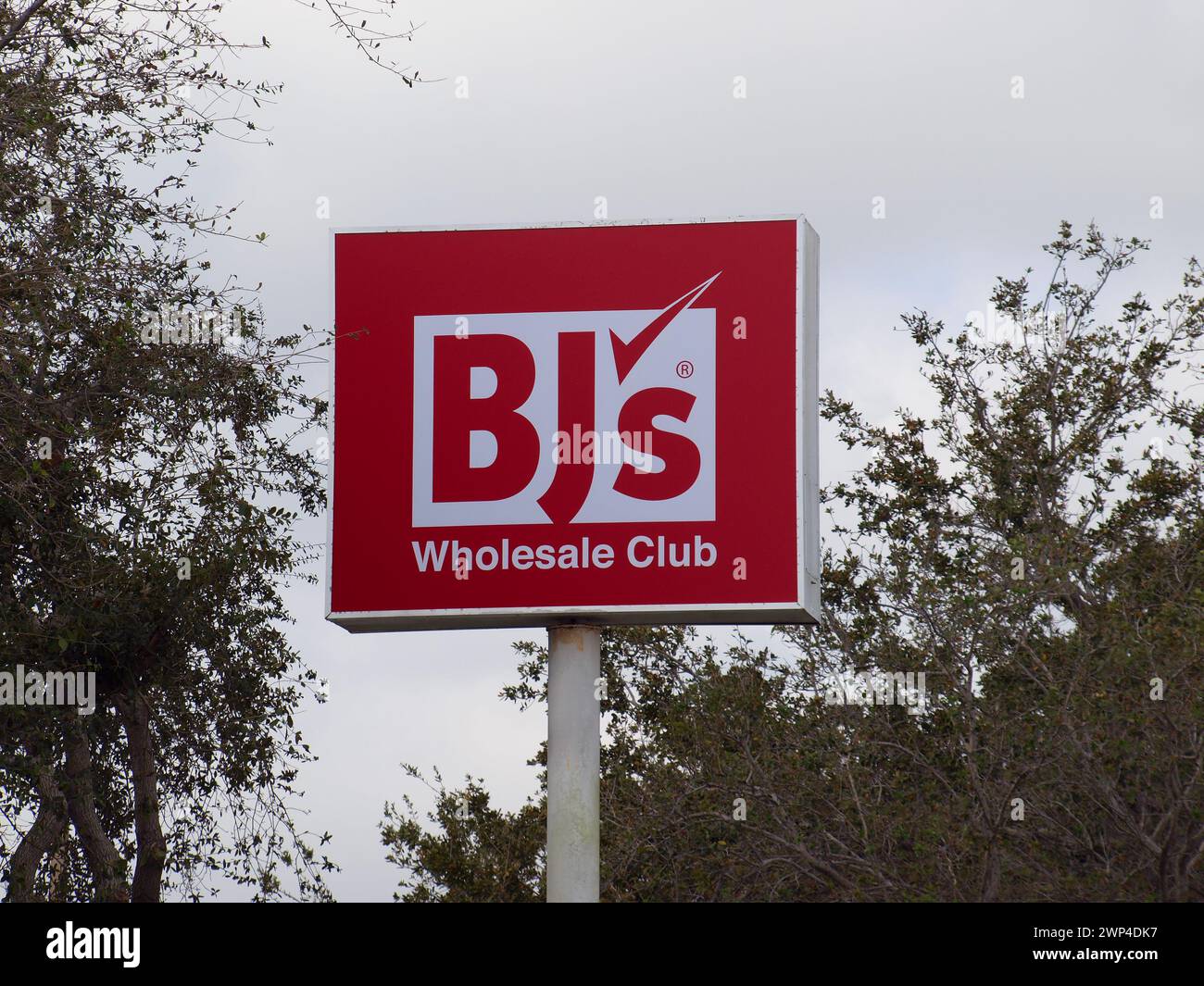 Miami, Florida, United States - February 24, 2024: BJ Wholesale Club sign post in West Kendall. Stock Photo