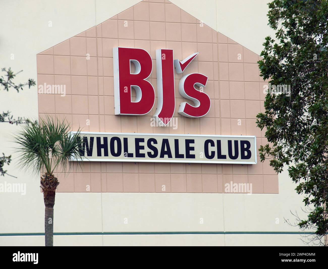 Miami, Florida, United States - February 24, 2024: BJ Wholesale Club logo in a store. Stock Photo