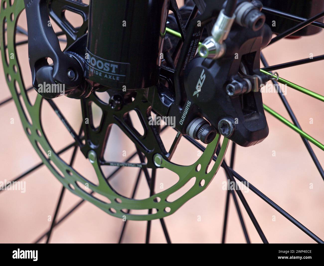 Miami, Florida, United States - February 24, 2024: Shimano SLX Hydraulic Disc Brake for high performance brake control in a professional Scott bike. Stock Photo