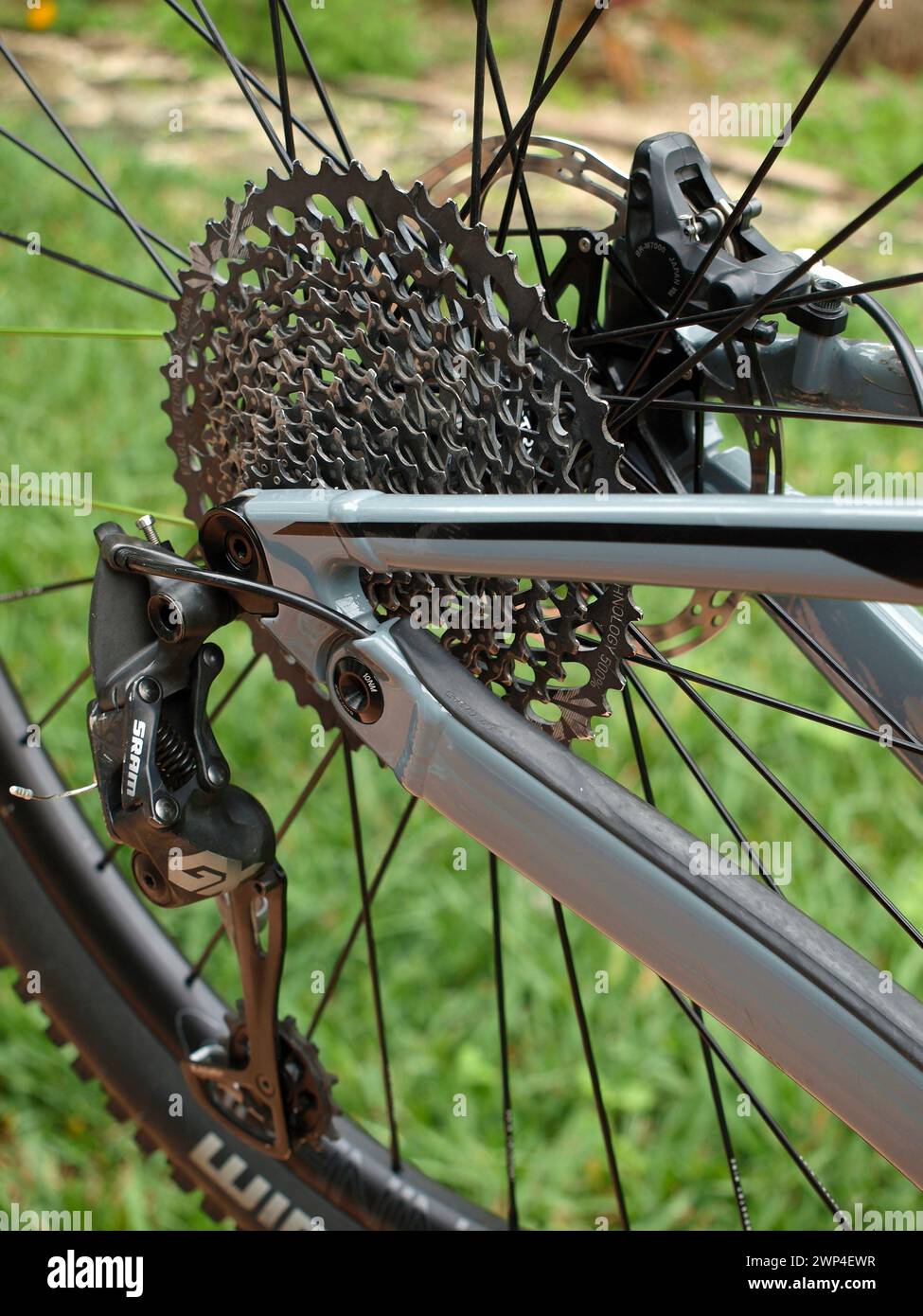 Miami, Florida, United States - February 24, 2024: Eagle drivetrain and SRAM rear derailleur in professional Scott mountain bike. Stock Photo