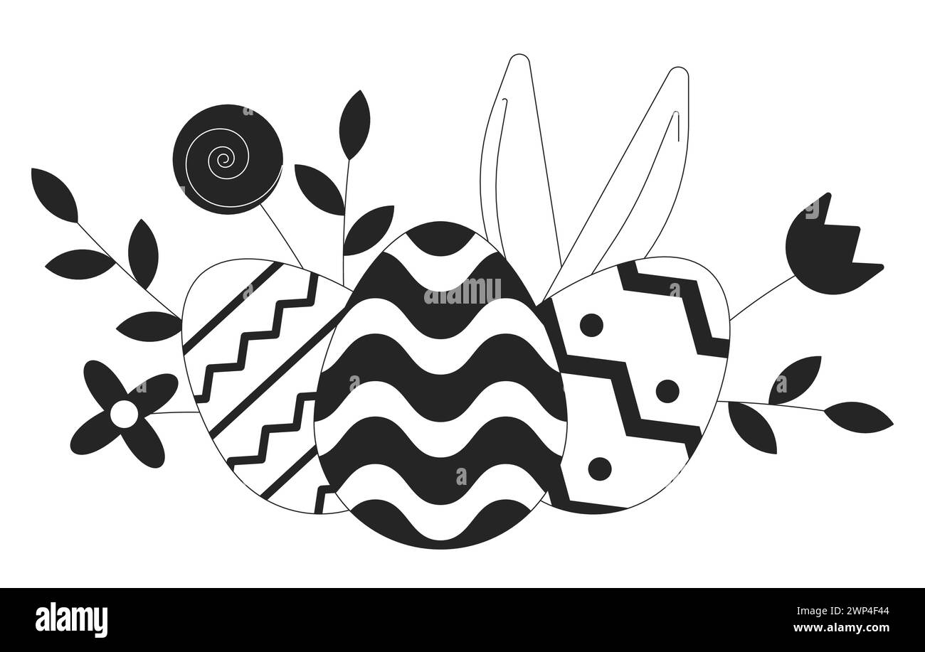 Easter eggs spring flowers black and white 2D line cartoon object Stock