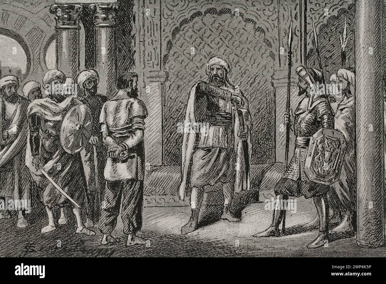 Ali ibn Hammud al-Nasir (d. 1018). Sixth caliph of the Caliphate of Córdoba (1016-1018). He was appointed governor of Ceuta by Caliph Sulayman al-Musta'in. Ali ibn Hammud conspired against the Caliph Sulayman al-Musta'in and, after gaining entry into Córdoba, was proclaimed Caliph on 1 July 1016. He ordered Sulayman, his father and brother to be imprisoned and killed. '... Seized Sulayman and ordered behead him'. Engraving by Serra Pausas. 'Glorias Españolas' (Glories of Spain). Volume II. Published in Barcelona, 1890. Stock Photo