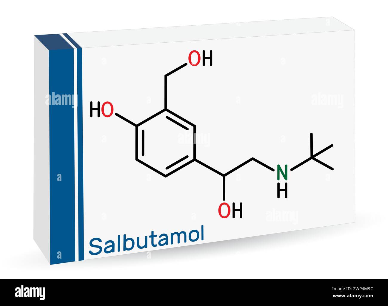 Salbutamol, albuterol molecule. It is short-acting agonist used in the treatment of asthma and COPD. Skeletal chemical formula. Paper packaging for dr Stock Vector