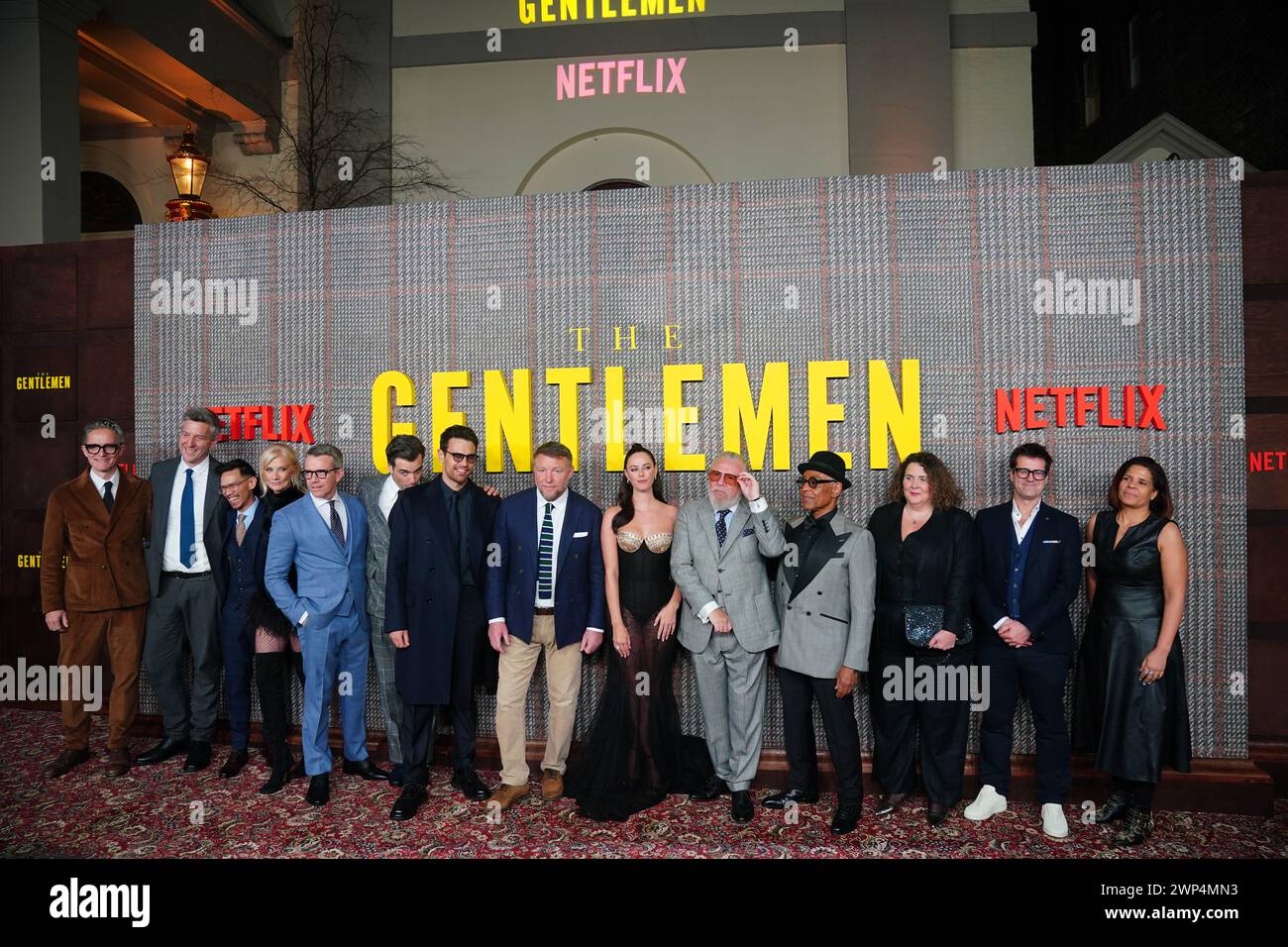 Theo James, Guy Ritchie, Kaya Scodelario and joins other mebers of the cast to attend the premiere of the Netflix series The Gentlemen at the Theatre Royal Drury Lane, London.Picture date: Tuesday March 5, 2024. Stock Photo