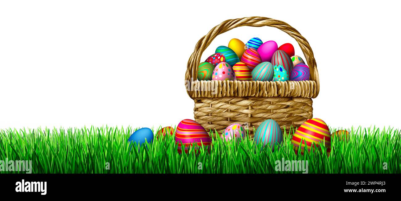 Easter Egg hunt with a festive Basket on a white background as a springtime celebration for collecting decorated eggs as a March spring season concept Stock Photo