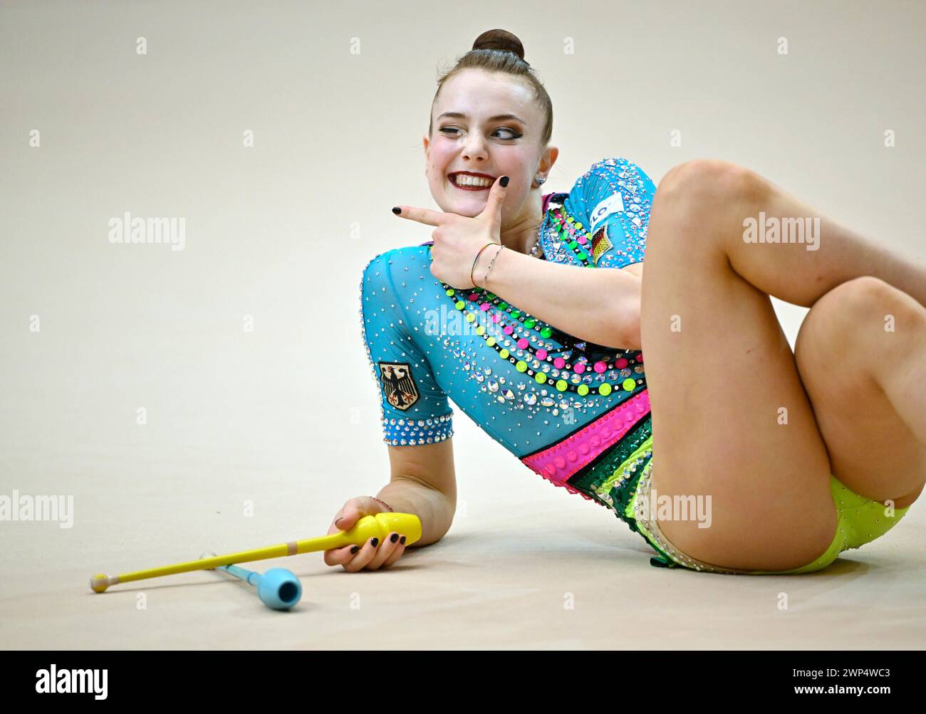 Margarita Kolosov (GER) Action, clubs, rhythmic gymnastics, RSG, Schmiden International 2024, Fellbach, Baden-Wuerttemberg, Germany Stock Photo