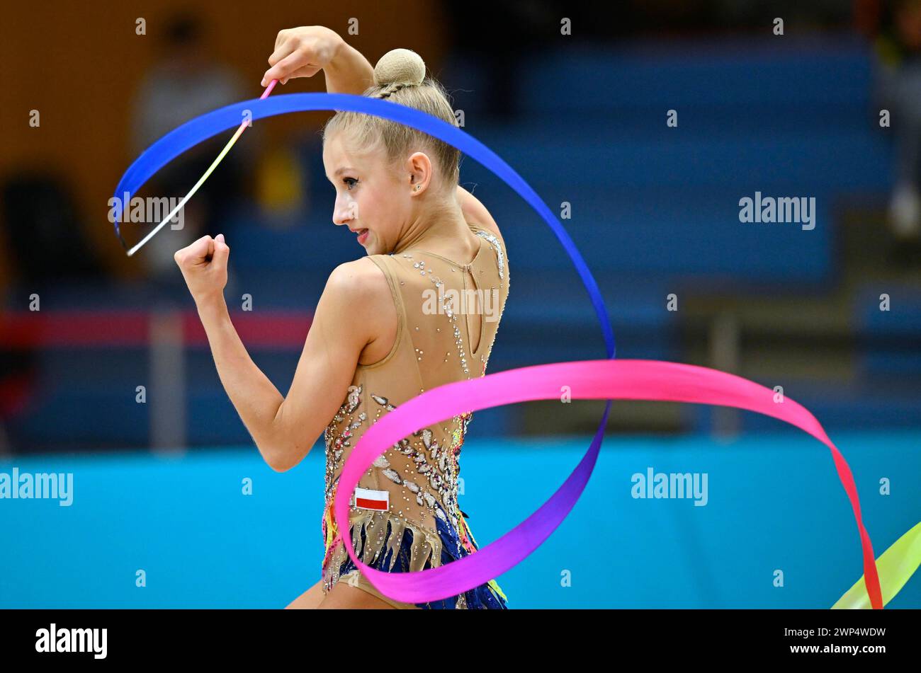 Kseniya Zhyzhych (POL), action, ribbon, rhythmic gymnastics, RSG, Schmiden International 2024, Fellbach, Baden-Wuerttemberg, Germany Stock Photo