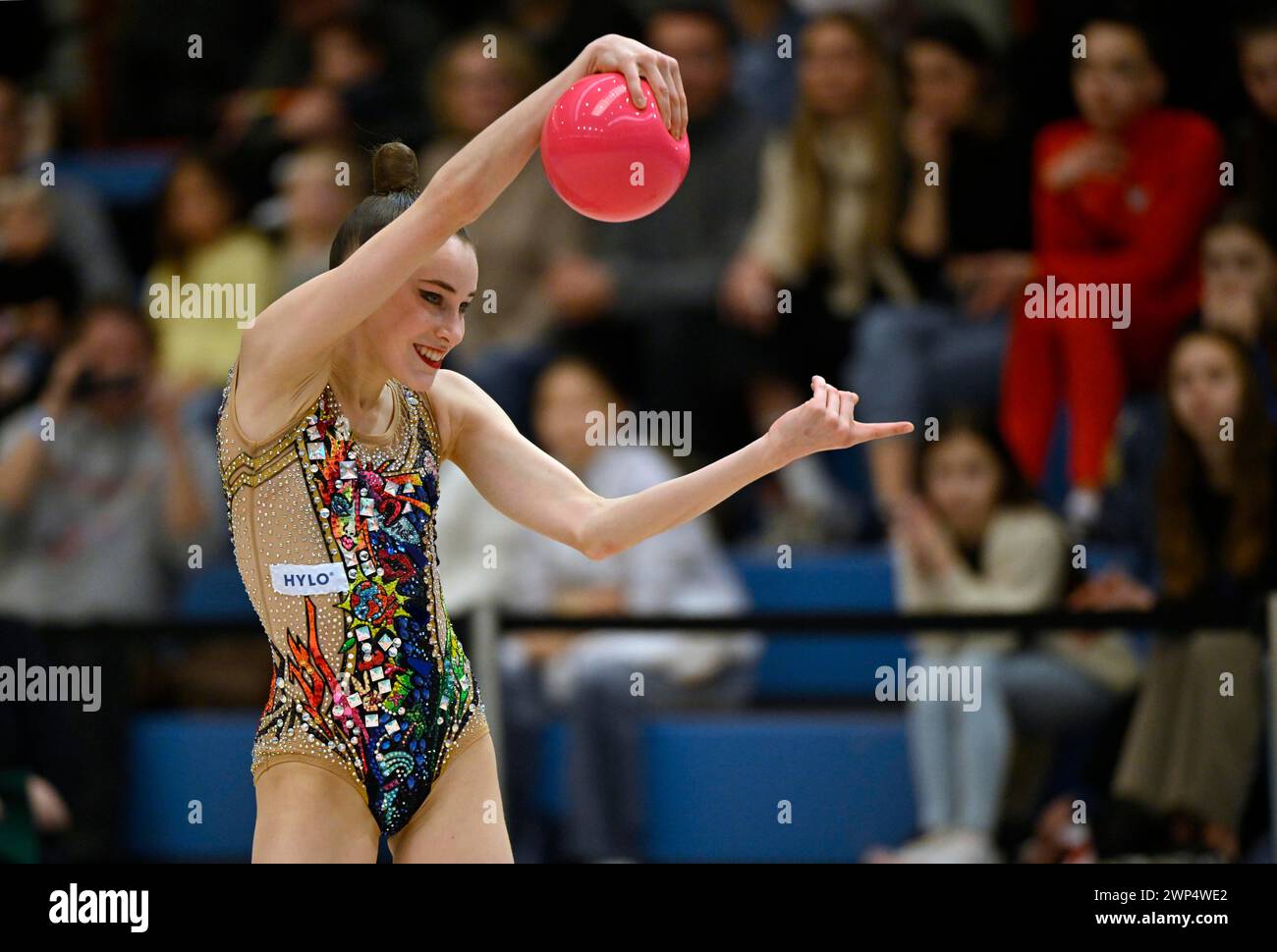World champion Darja Varfolomeev (GER), action, ball, rhythmic gymnastics, RSG, Schmiden International 2024, Fellbach, Baden-Wuerttemberg, Germany Stock Photo
