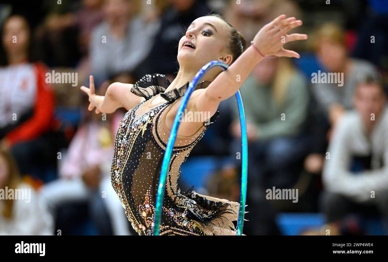 Victoria Magel (GER), action, hoops, rhythmic gymnastics, RSG, Schmiden International 2024, Fellbach, Baden-Wuerttemberg, Germany Stock Photo