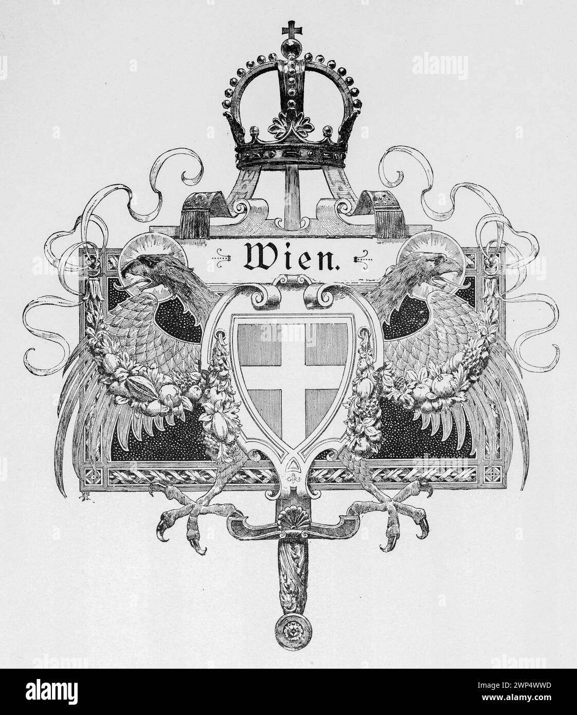 Vienna, emblem, symbol, imperial crown, eagle, sword, ornamentation, Austria, historical illustration 1890 Stock Photo