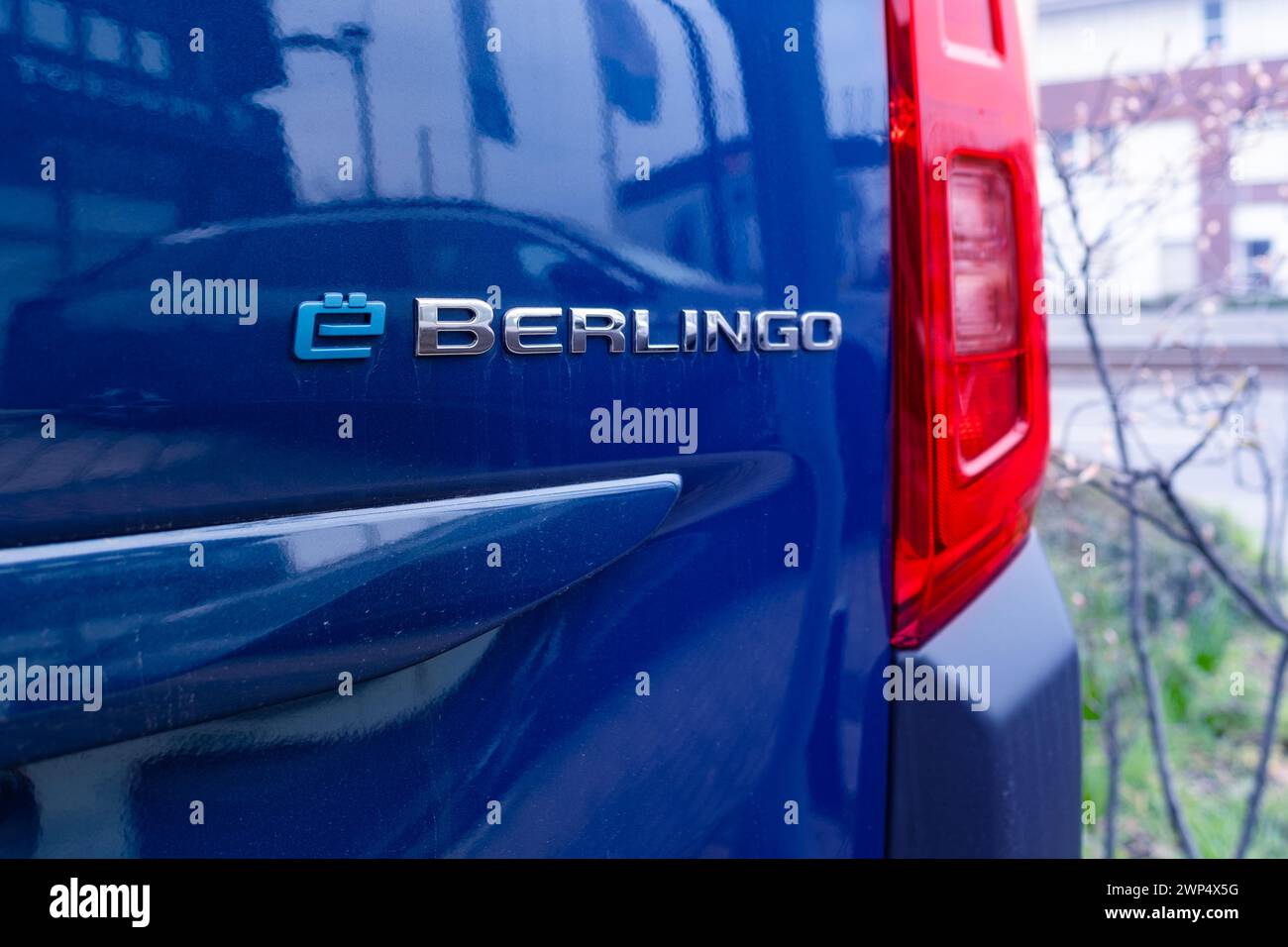 new blue Citroen E-Berlingo rear view, electric van in parking lot, French manufacturer PSA Peugeot Citroen, automotive industry, Sustainable Transpor Stock Photo