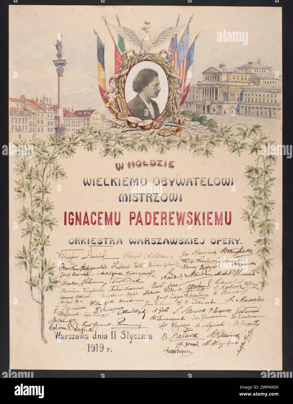 Ho -Downing address for Ignacy Jan Paderewski from the Warsaw Opera orchestra, January 11, 1919; Michrowski, E. (Fl. 1919); 1919 (1919-00-00-1919-00-00);White Eagle (coat of arms - Poland), Paderewski, Ignacy Jan (1860-1941), Paderewski, Ignacy Jan (1860-1941) - iconography, Paderewski, Ignacy Jan (1860-1941) - collection, Old Miasto (Warsaw), Wielki Theater (Warsaw), Warsaw (Masovian Voivodeship), Holdowning addresses, gift (provenance), diplomas, musical instruments, column of Zygmunt III Vasa (Warsaw), musicians, opera (artist), orchestras, Zamkowy Square (Warsaw), monuments, Theater (artis Stock Photo