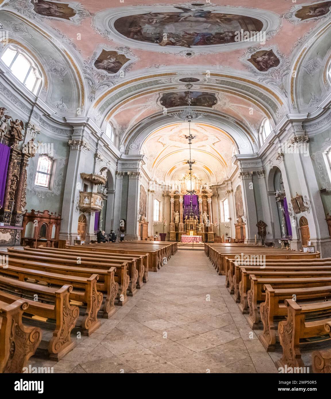 This  is of the interior of the Basilica Minore di Santi Flippo e Giacomo church in the resort town of Cortina d'Ampezzo located in the Dolomites Stock Photo