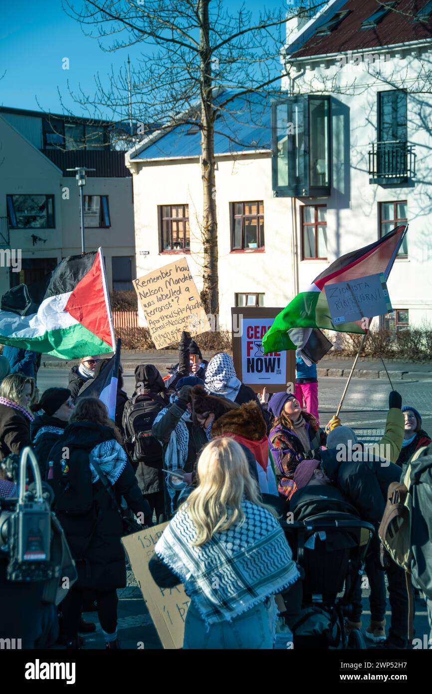 pro-Palestinian protests in Iceland capital, outside the Hallgrímskirkja is a Lutheran parish church in Reykjavík Stock Photo