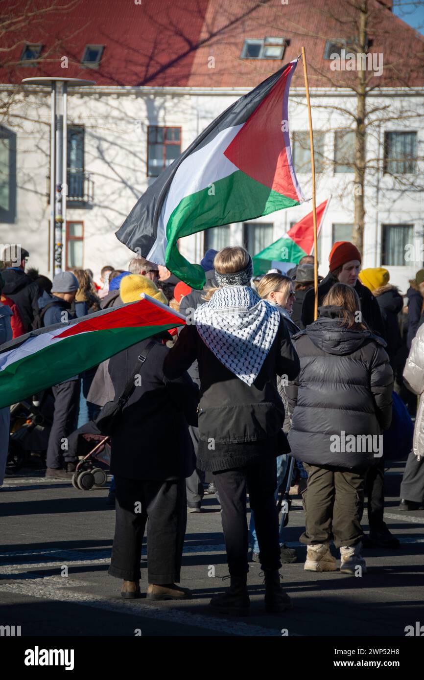 pro-Palestinian protests in Iceland capital, outside the Hallgrímskirkja is a Lutheran parish church in Reykjavík Stock Photo