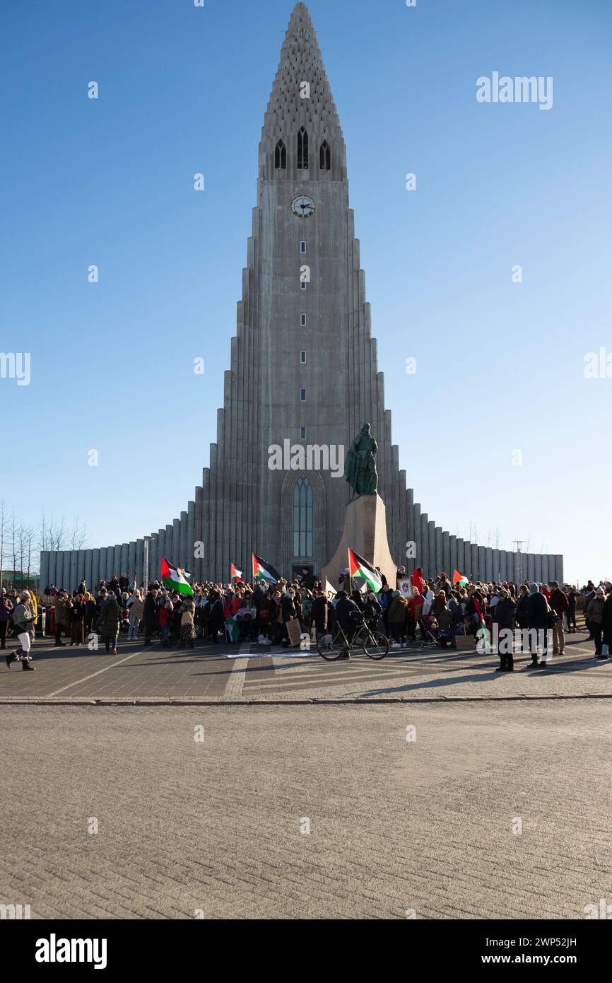 pro-Palestinian protests in Iceland capital, outside the Hallgrímskirkja is a Lutheran parish church in Reykjavík Stock Photo
