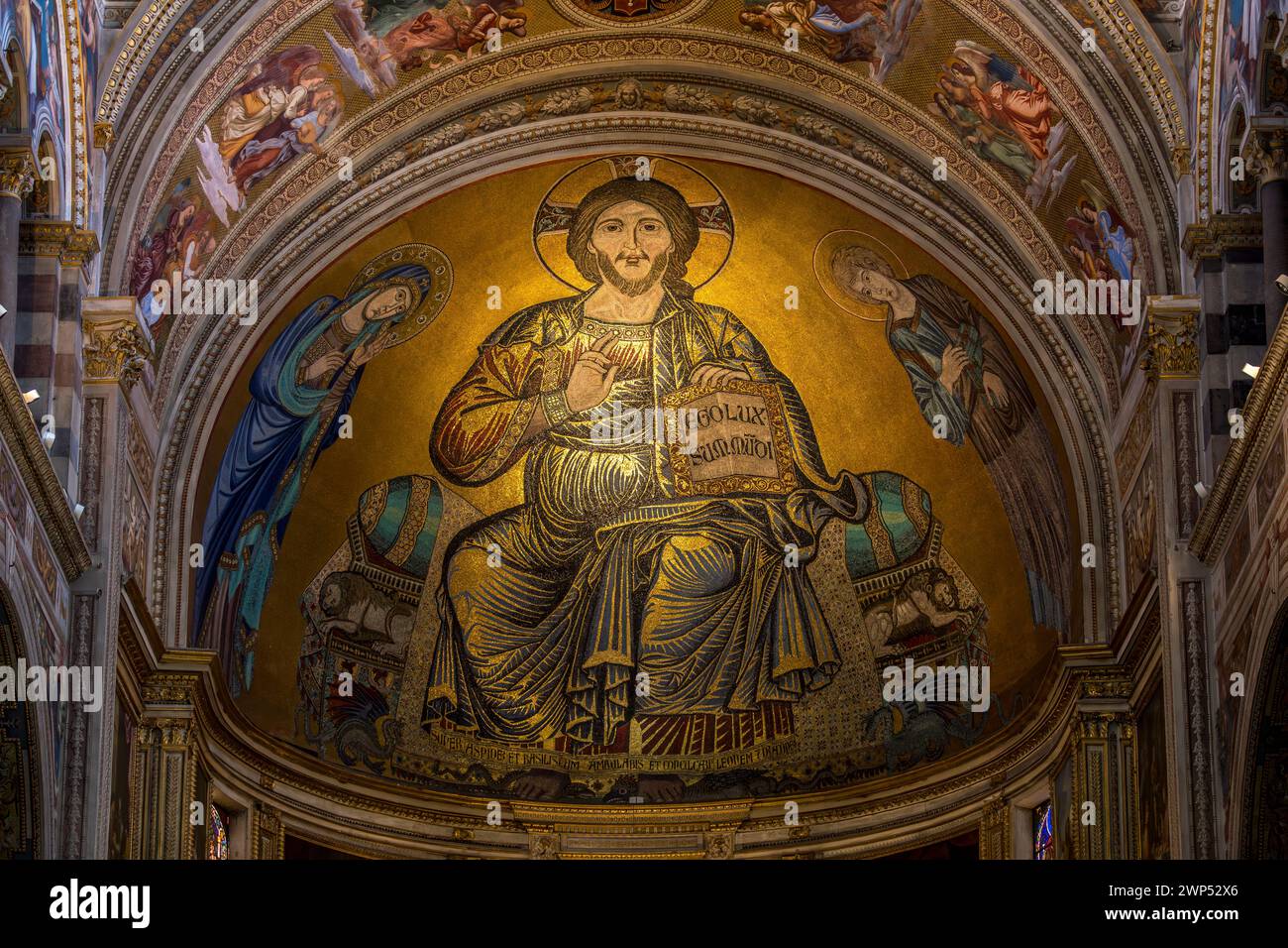 Pisa, Italy - July 30, 2023: Mosaic of Christ in majesty, in the apse of the Cathedral of Pisa, Piazza dei Miracoli Stock Photo