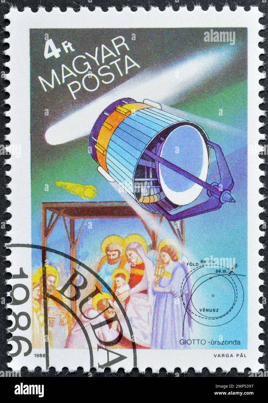 Cancelled postage stamp printed by Hungary, that shows European Space Agency Giotto and the Three Magi, Halley's Comet, circa 1986. Stock Photo