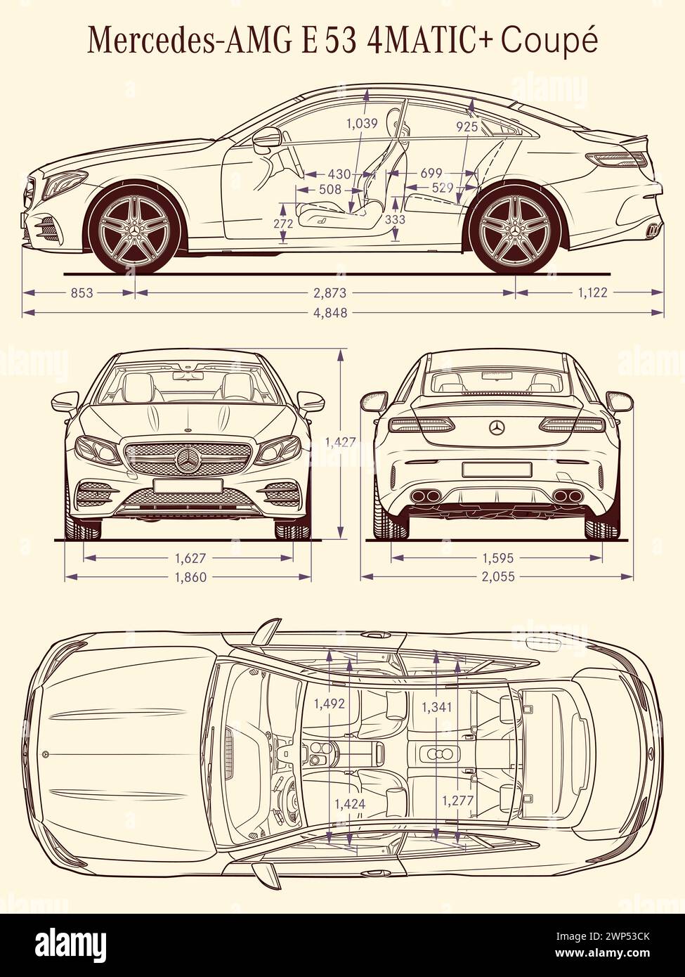 Mercedes Benz AMG E 53 4Matic Coupe 2020 car blueprint Stock Vector