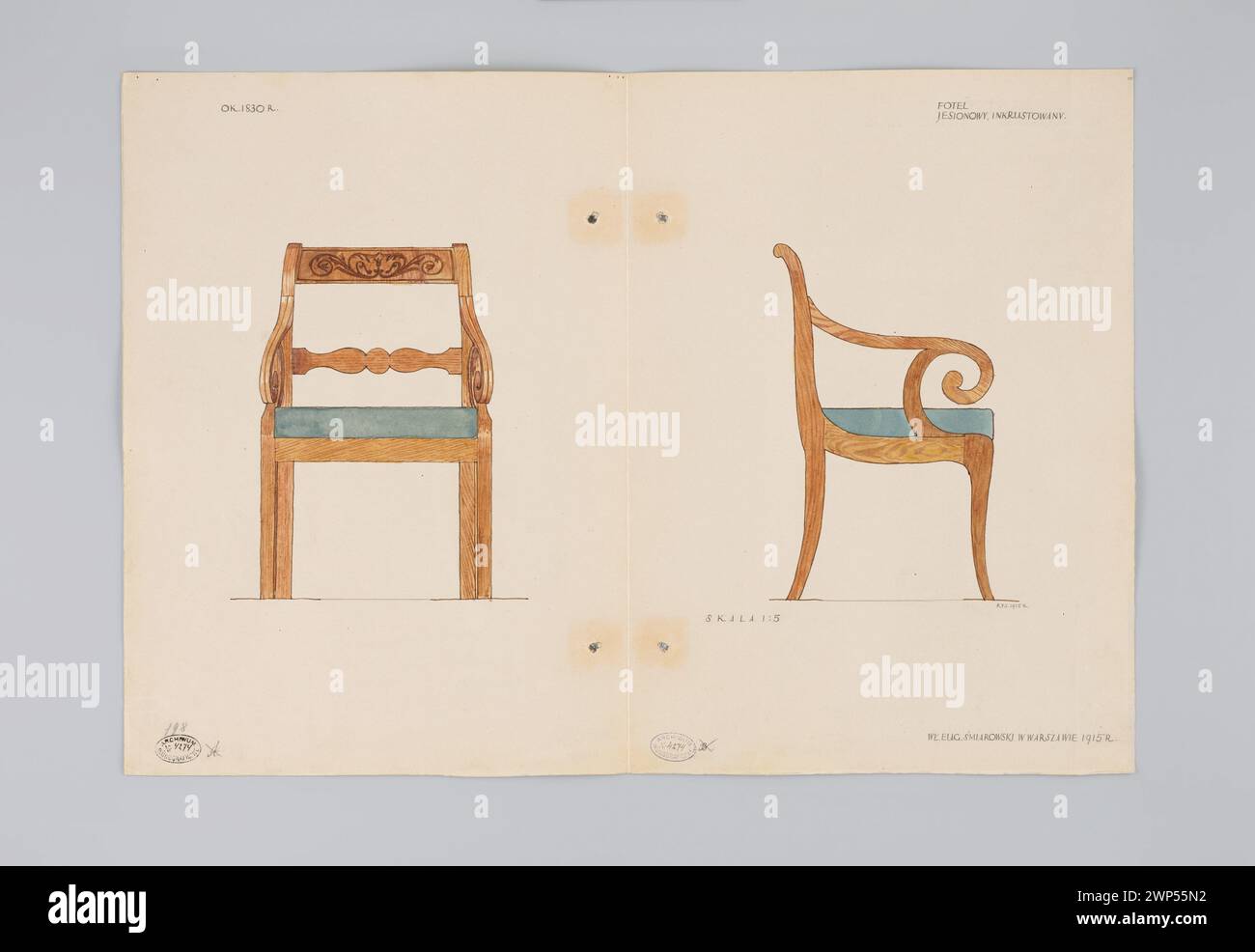 Armchair from the first half of the 19th century with the inlayed support in the collection of Eugeniusz Śmiałowski in Warsaw in 1915 - views from the front and side on a scale of 1: 5; Maszyński, Mariusz (1888-1944); 1915 (not after 1/07/1915) (1915-00-00-1915-00-00); Stock Photo