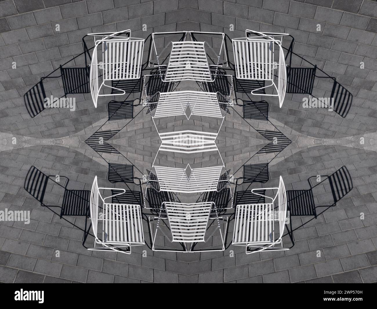 Black and White Fractal Abstract of Patio Chairs and Shadows Stock Photo