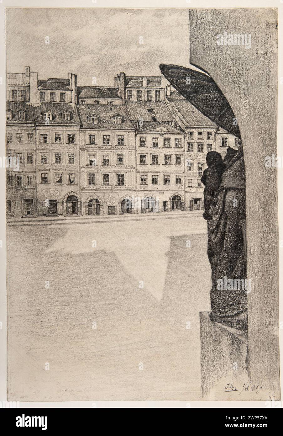 Study for graphics 'Old market from the tenement house XX. Mazowieckie '; Care, Ignacy (1865-1941); 1917 (1917-00-00-1917-00-00);Young Poland (Styl), Old Town Square (Warsaw), Warsaw (Masovian Voivodeship), Kamienica under St. Anna (Warsaw), Kamienice, unknown (provenance), Poland (culture), Polish drawings, sculptures, graphics studies Stock Photo