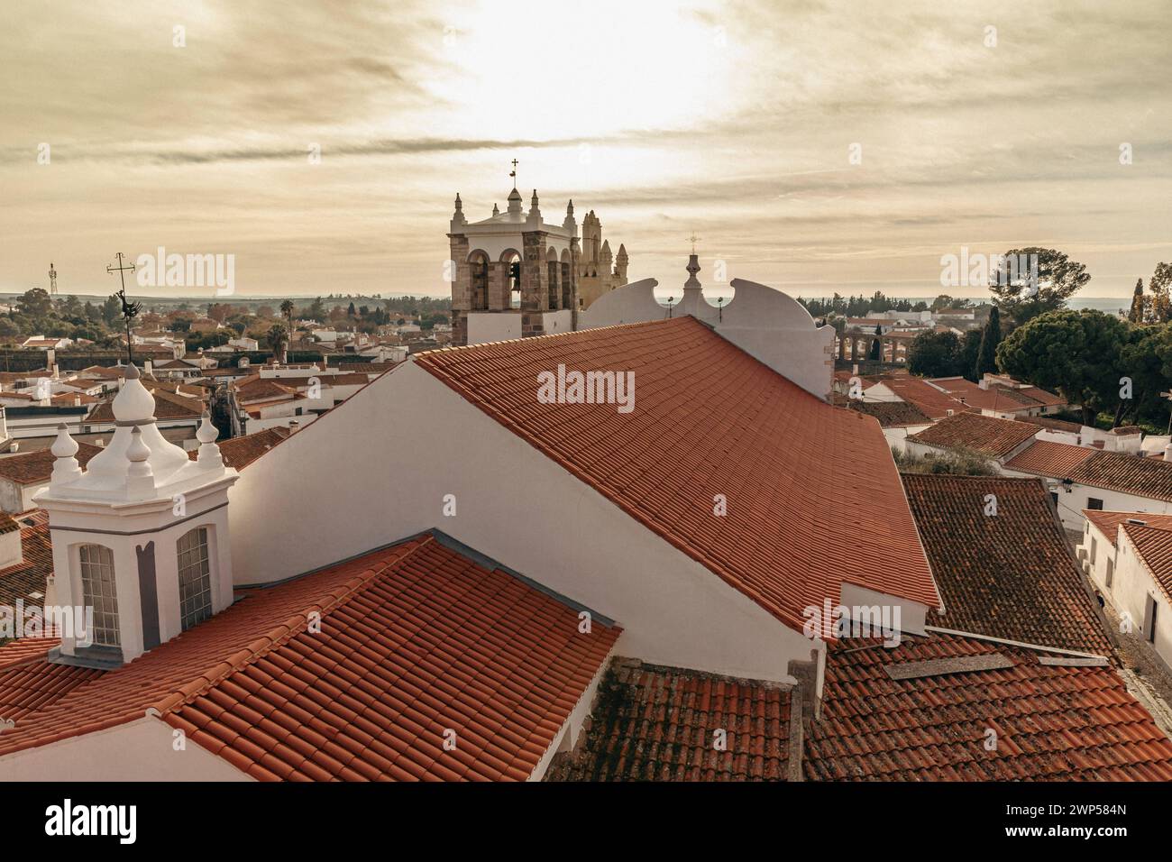 Portugal Cultural travel, city trips and interesting sights View of the rooftops of the city Serpa and the Church of Santa Maria in Alentejo Stock Photo