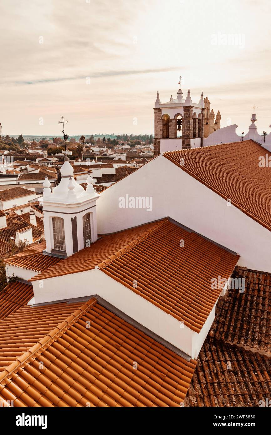 Portugal Cultural travel, city trips and interesting sights View of the rooftops of the city Serpa and the Church of Santa Maria in Alentejo Stock Photo