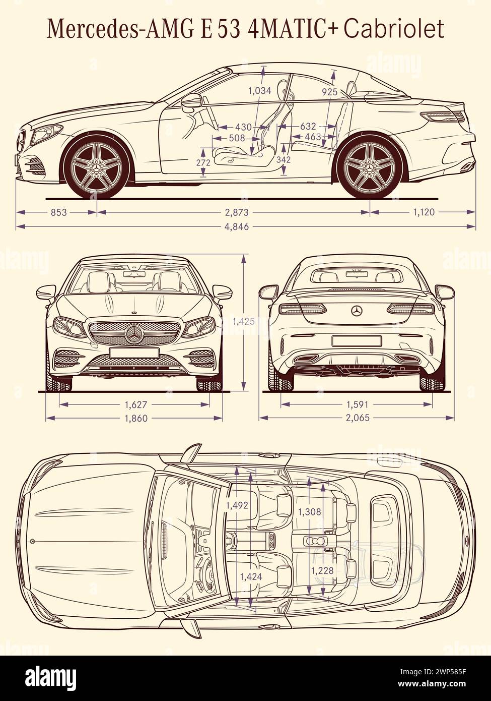 Mercedes Benz AMG E 53 4Matic Cabriolet 2020 car blueprint Stock Vector