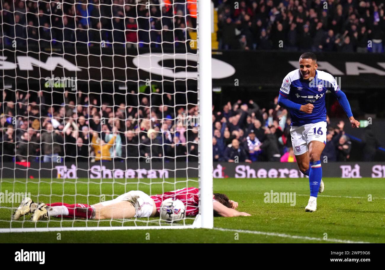 Ipswich Town's Ali Al-Hamadi celebrates their side's third goal of the game, scored by team-mate Leif Davis (not pictured) as Bristol City player looks dejected during the Sky Bet Championship match at Portman Road, Ipswich. Picture date: Tuesday March 5, 2024. Stock Photo