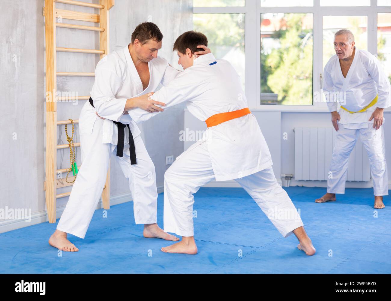 Jiujitsu master demonstrating basic grabs and throws in sparring with young fighter Stock Photo
