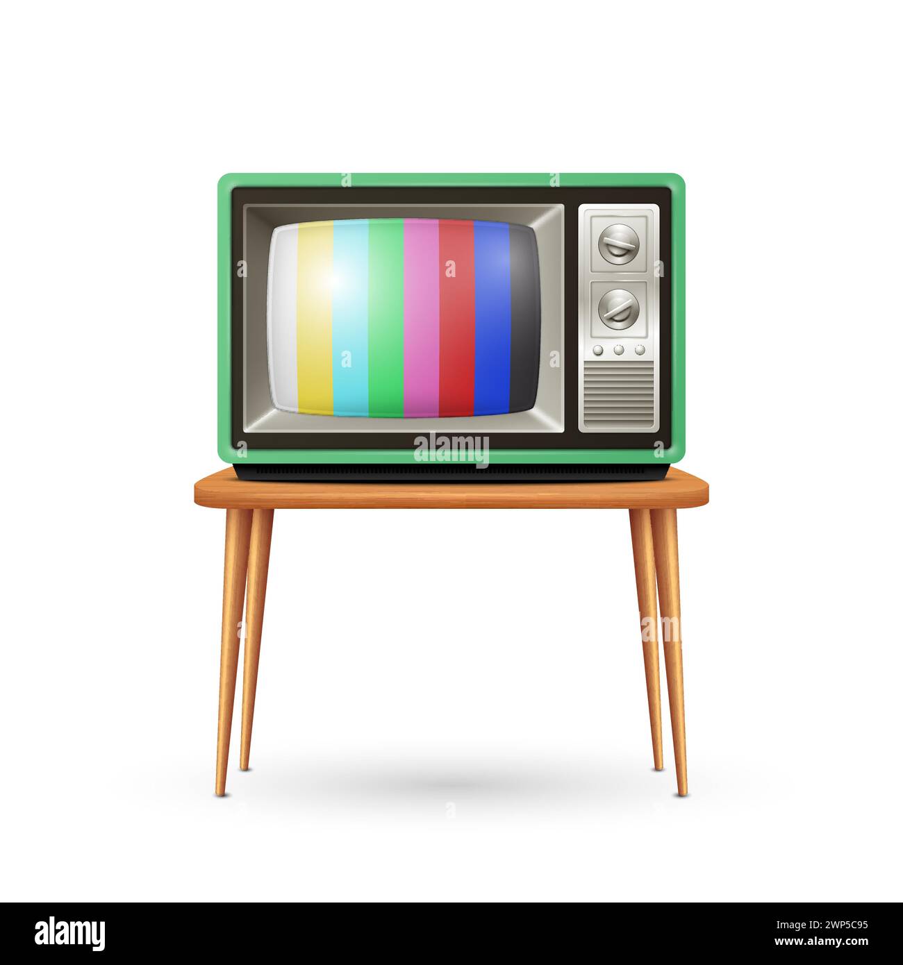 Vector 3d Realistic Green Retro TV Set on the Table, Isolated. Vintage TV Design Template for Home Interior Design Concept. Classic Retro TV Receiver Stock Vector