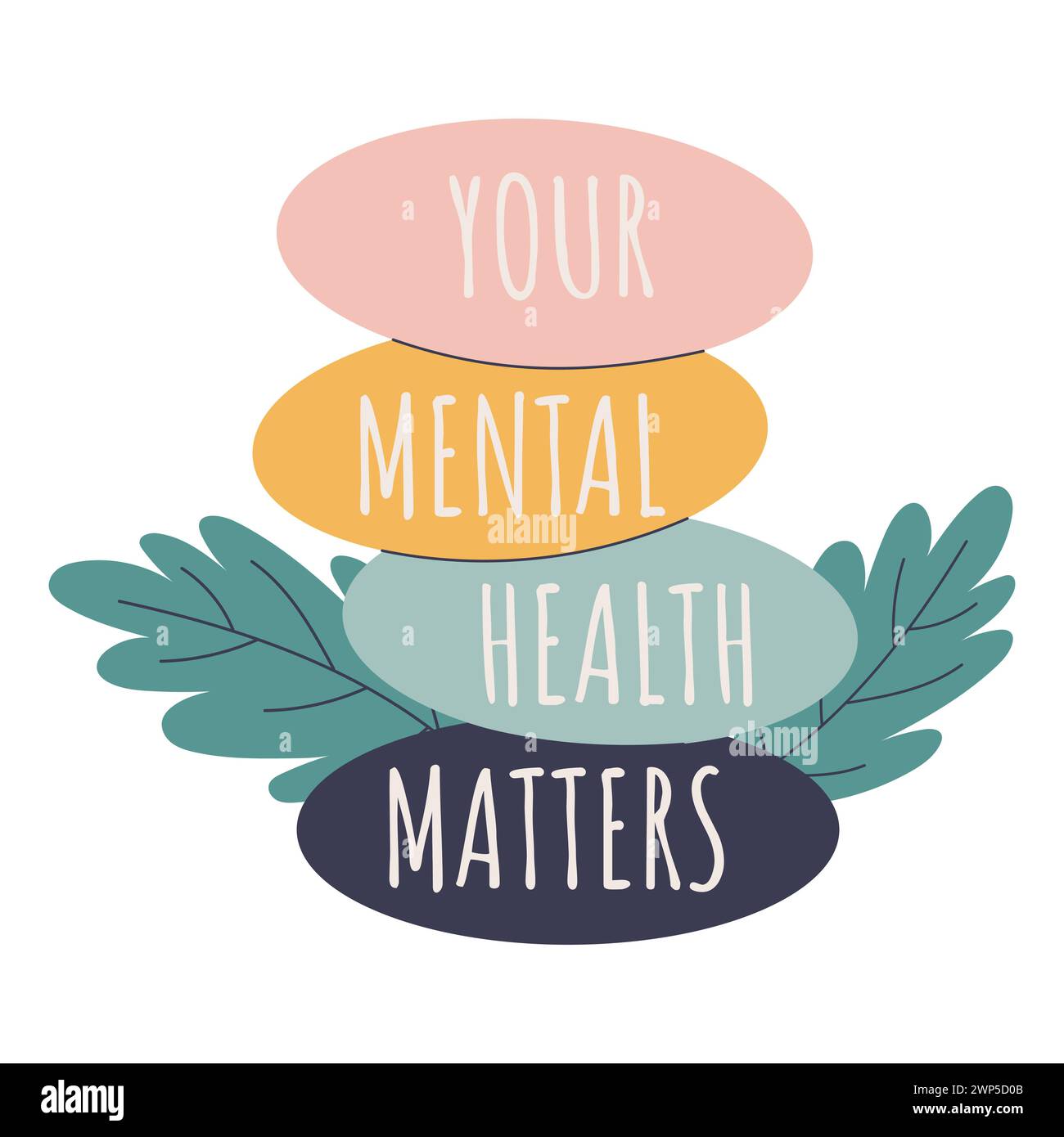 Handdrawn illustration of balanced pebbles with phrase Your mental health matters. Vector design in soft colors. Stock Vector