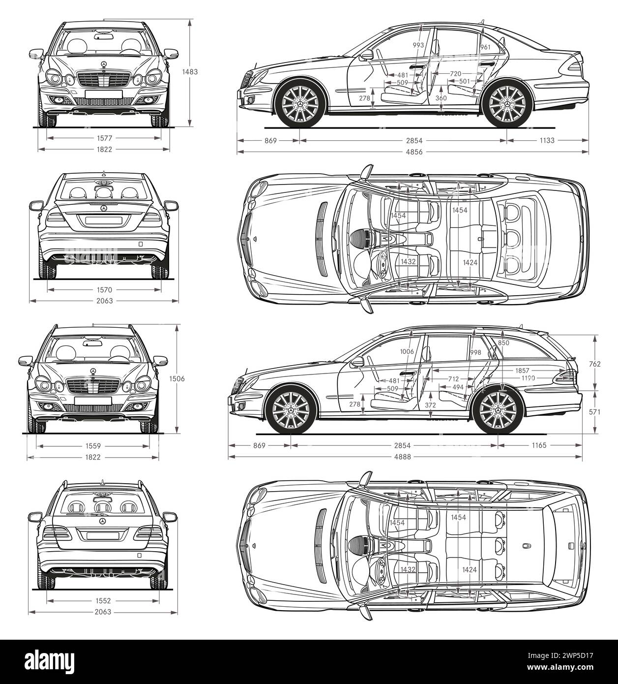 Mercedes Benz E Class 2007 car blueprint Stock Vector